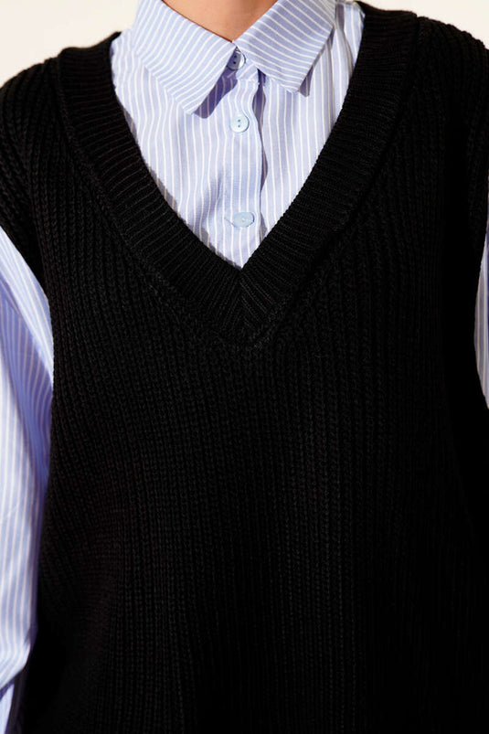 Shirt Collar Striped Knit Tunic Black