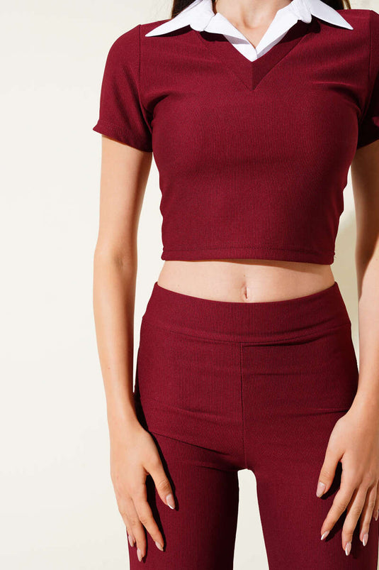 Ensemble deux pièces court à col chemise bordeaux