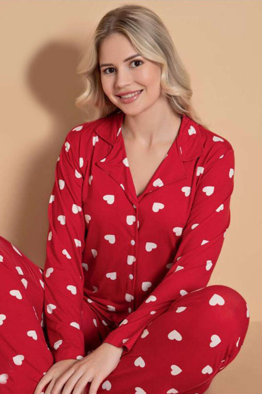 Hemdkragen Tropfenmuster Schlafanzug-Set Rot Weiß