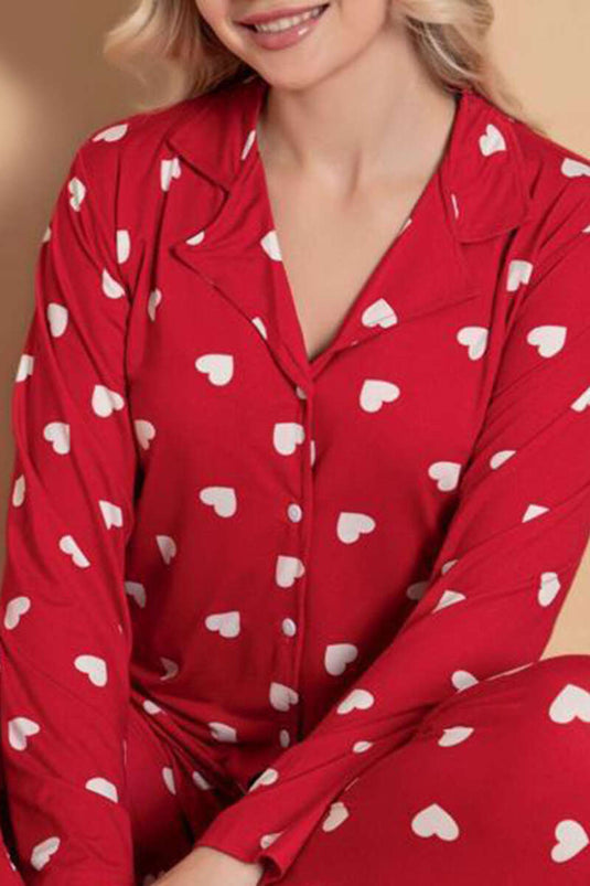 Hemdkragen Tropfenmuster Schlafanzug-Set Rot Weiß