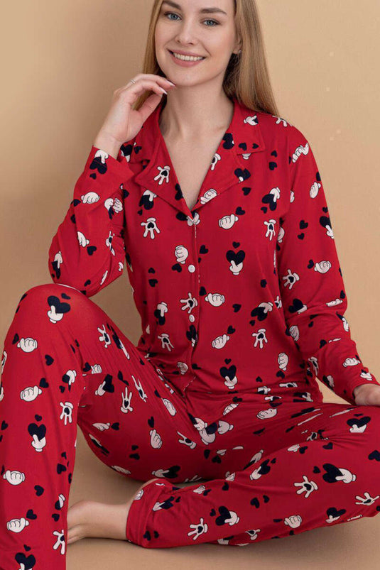 Shirt Collar Drop Pattern Pajama Set Red