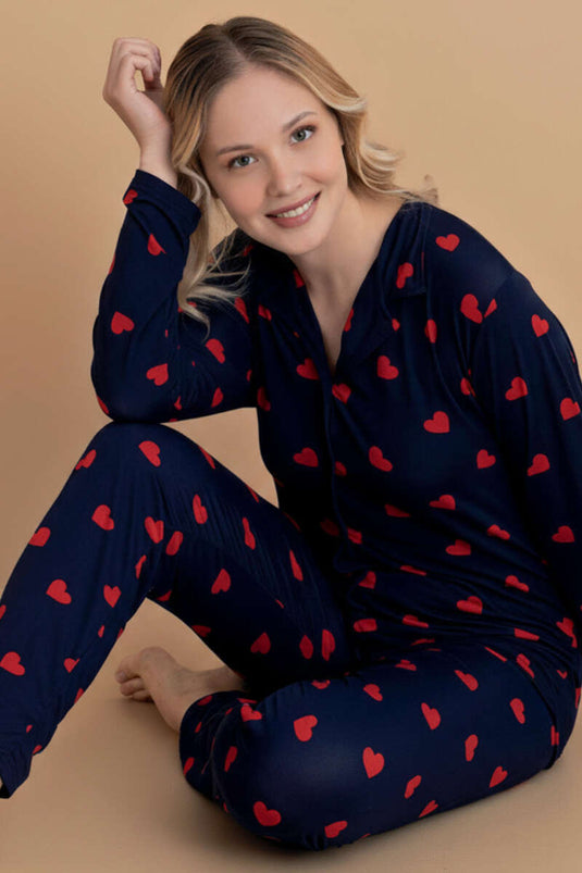 Gömlek Yaka Damla Desen Pijama Takımı Lacivert Kırmızı
