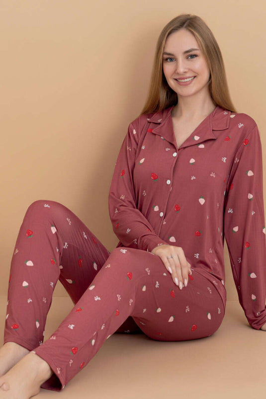 Gömlek Yaka Damla Desen Pijama Takımı Magenta
