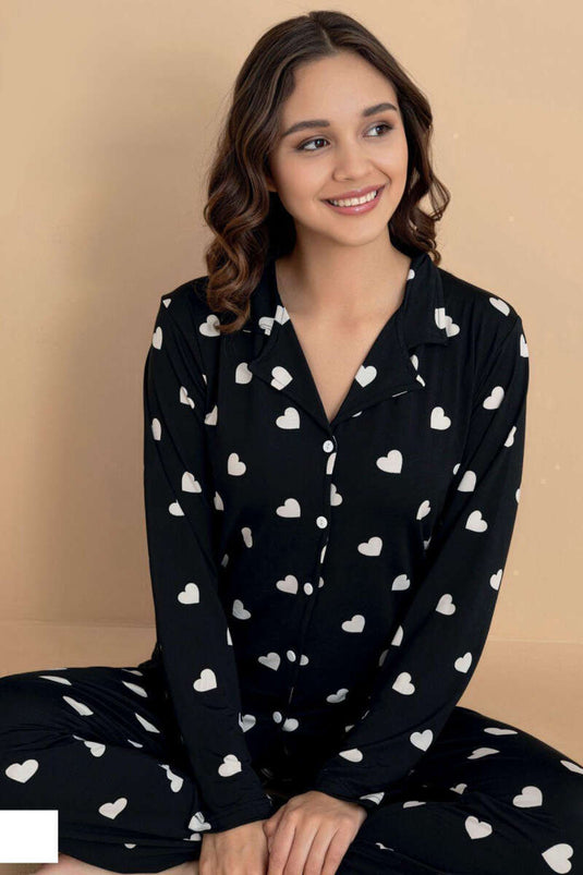 Shirt Collar Drop Pattern Pajama Set Black