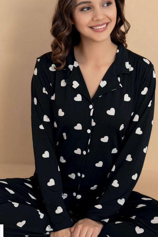 Shirt Collar Drop Pattern Pajama Set Black