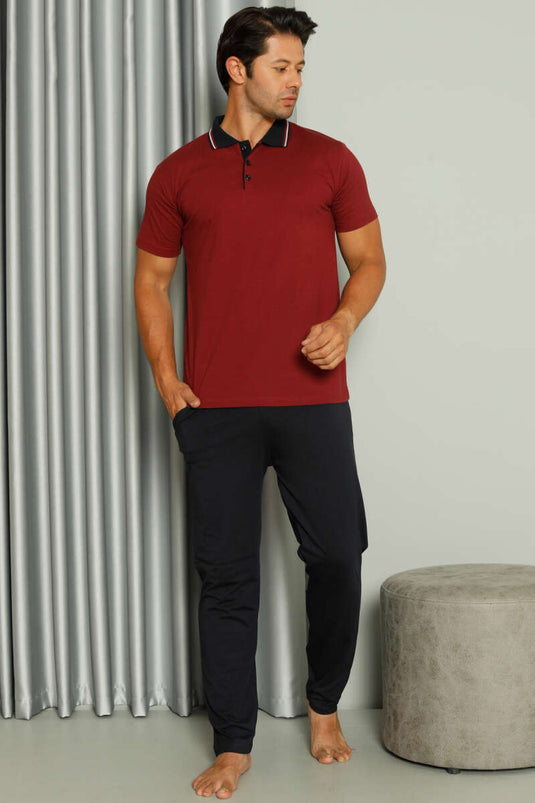 Ensemble pyjama homme bordeaux à manches courtes et col chemise