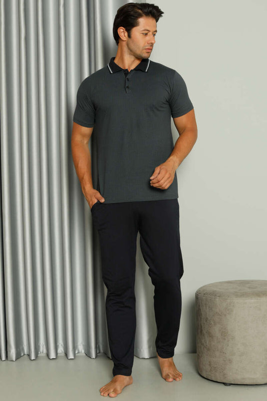 Ensemble pyjama homme à manches courtes et col chemise à motifs, couleur fumée