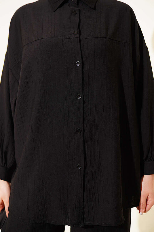 Zweiteiliger Anzug mit Hemdkragen und Nahtdetails, Schwarz