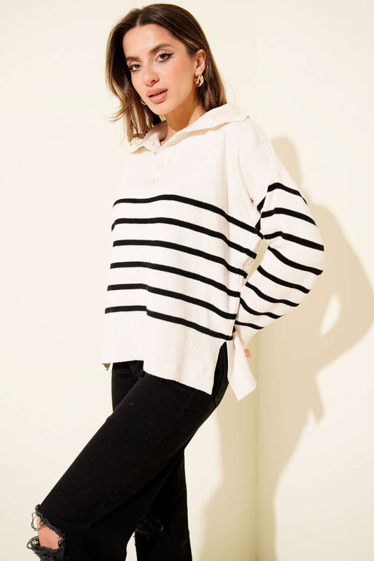Shirt Collar Buttoned Striped Knit Sweater Beige