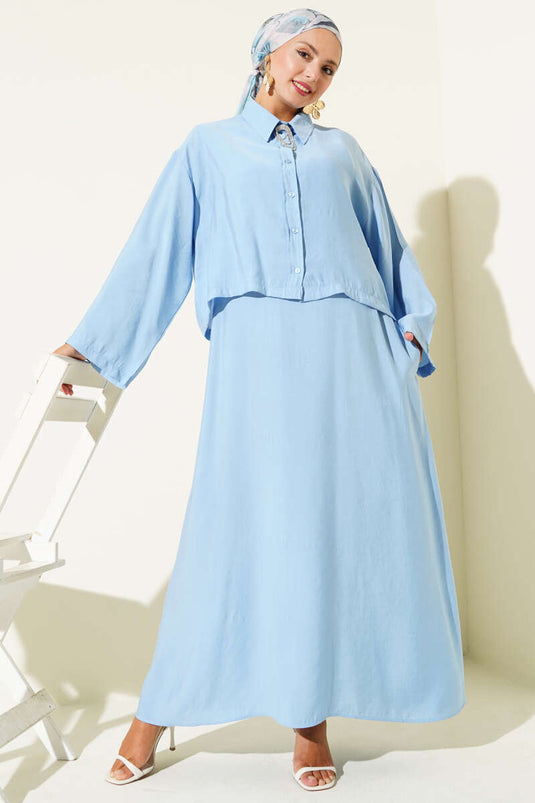 Gömlek Yaka Düğmeli Jile Takım Mavi