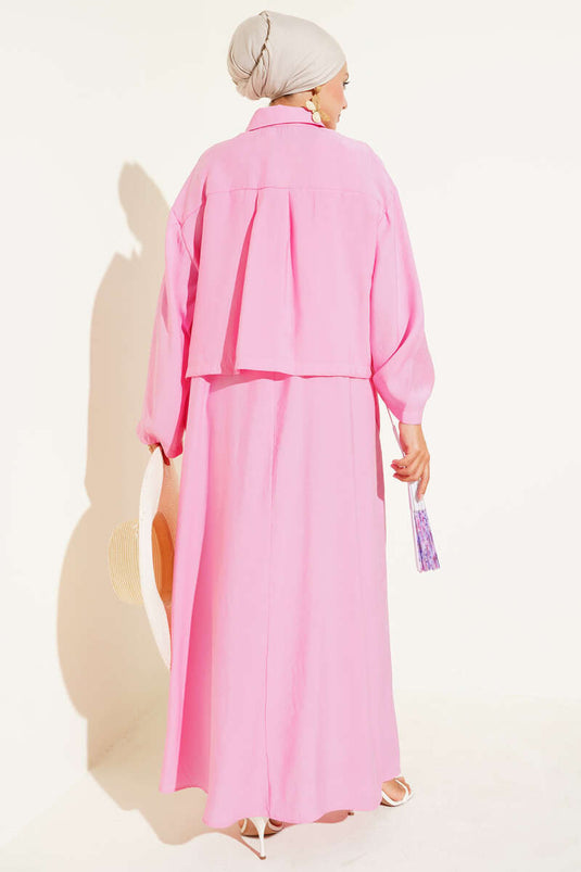 Gömlek Yaka Düğmeli Jile Takım Pembe