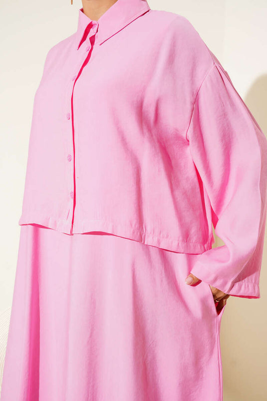 Gömlek Yaka Düğmeli Jile Takım Pembe