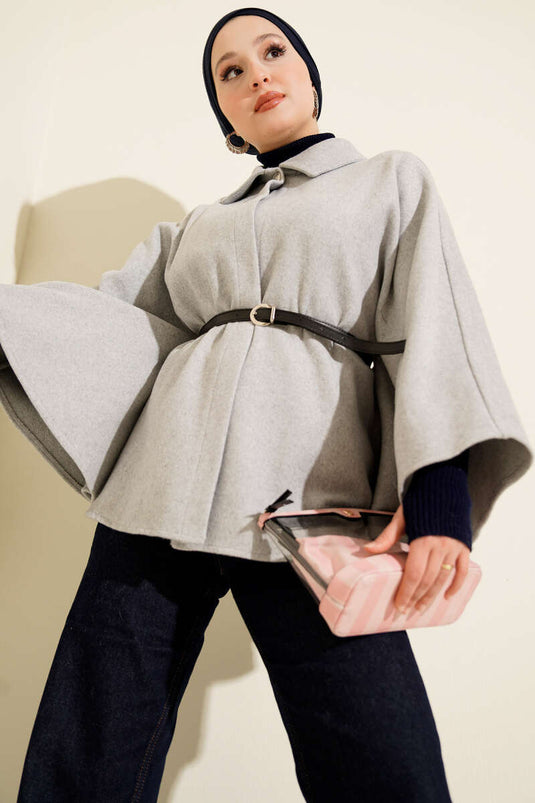 بونشو كشمير رمادي بأزرار وياقة قميص