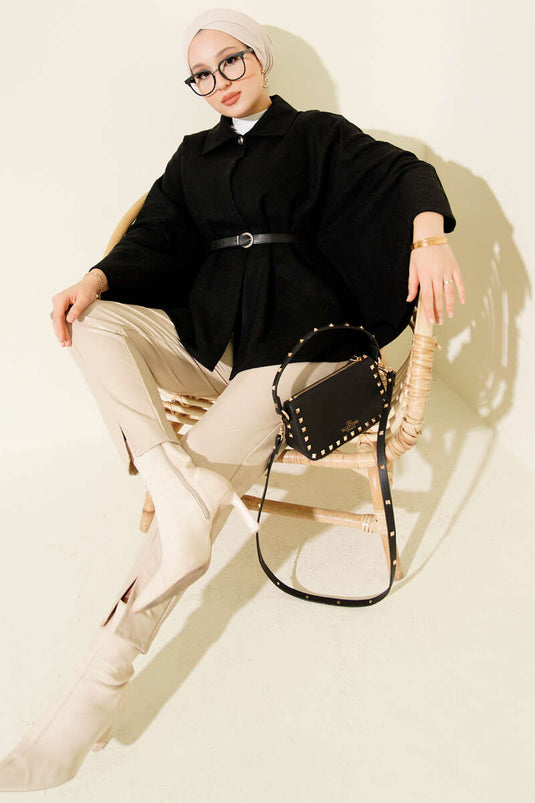 Shirt Collar Buttoned Cashmere Poncho Black