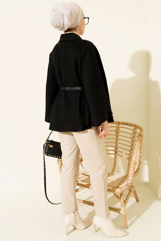 Shirt Collar Buttoned Cashmere Poncho Black