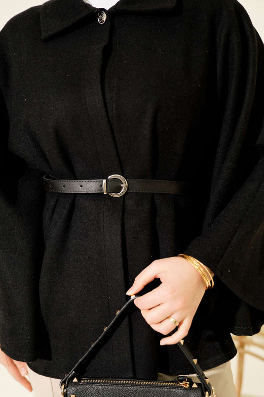 بونشو أسود من الكشمير بياقة قميص وأزرار