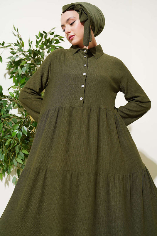 Shirt Collar Buttoned Layered Crepe Dress Khaki