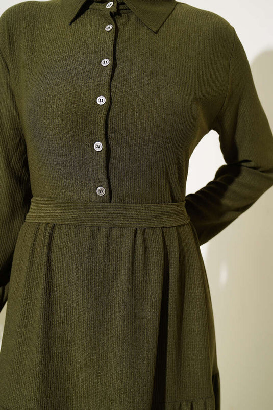 Shirt Collar Buttoned Layered Crepe Dress Khaki
