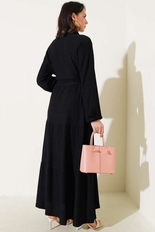 Shirt Collar Buttoned Layered Crepe Dress Black