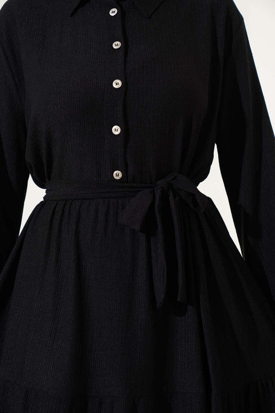 Shirt Collar Buttoned Layered Crepe Dress Black