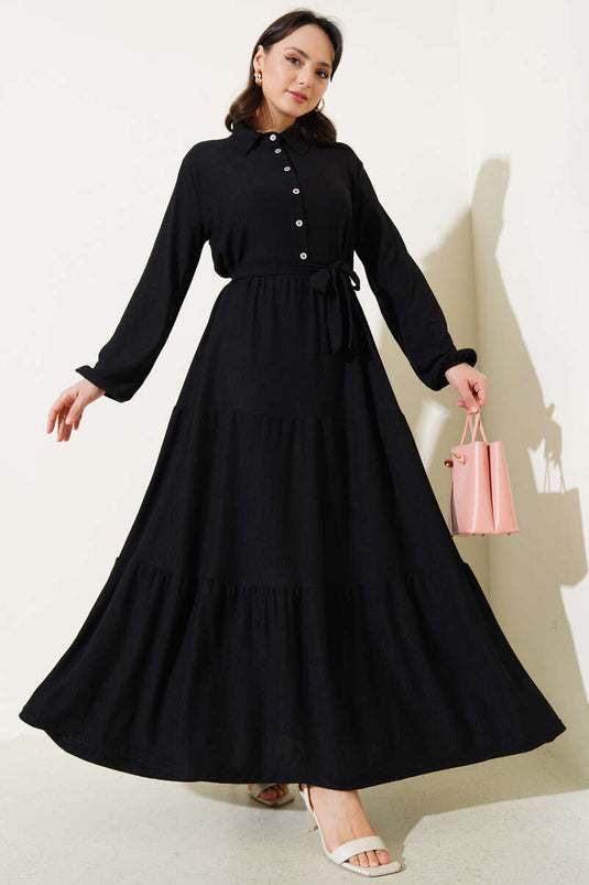 Shirt Collar Buttoned Layered Crepe Dress Black