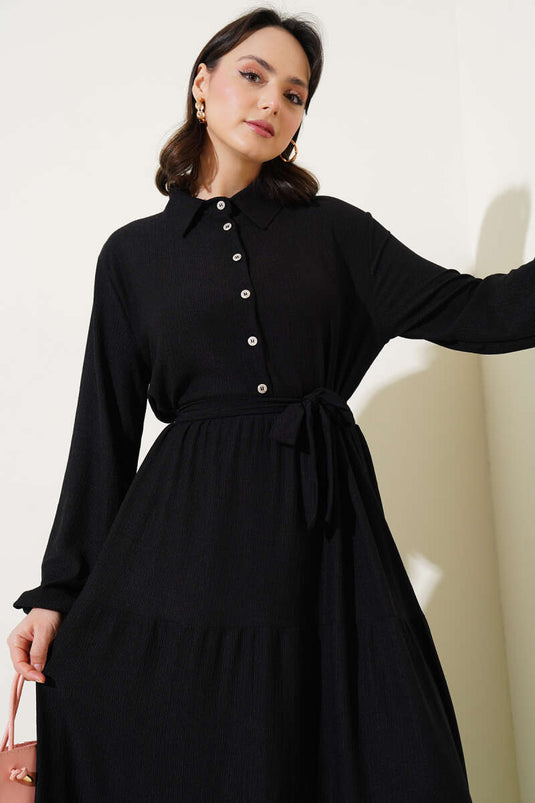 Shirt Collar Buttoned Layered Crepe Dress Black