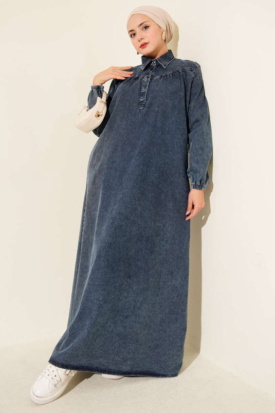 Robe en jean bleu foncé à col boutonné