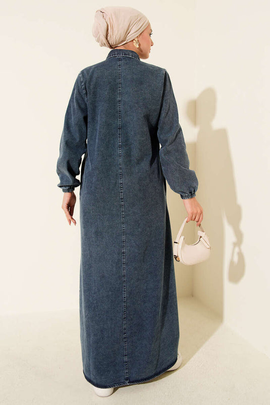 Dark Blue Button-Down Shirt Collar Denim Dress