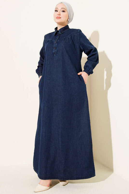 Gömlek Yaka Düğmeli Kot Elbise Lacivert