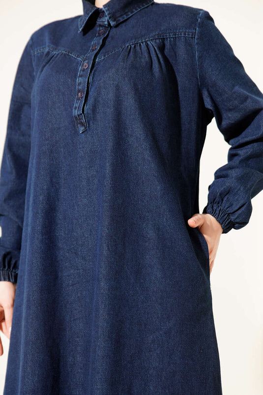 Gömlek Yaka Düğmeli Kot Elbise Lacivert