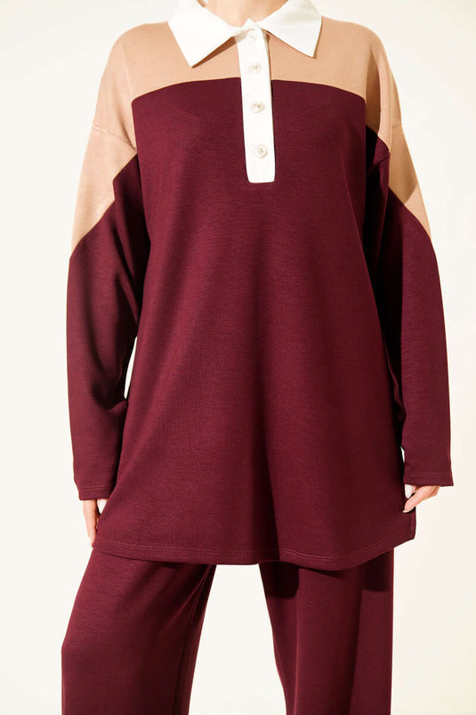 Completo doppio Loyşa con colletto a camicia e bottoni, bordeaux