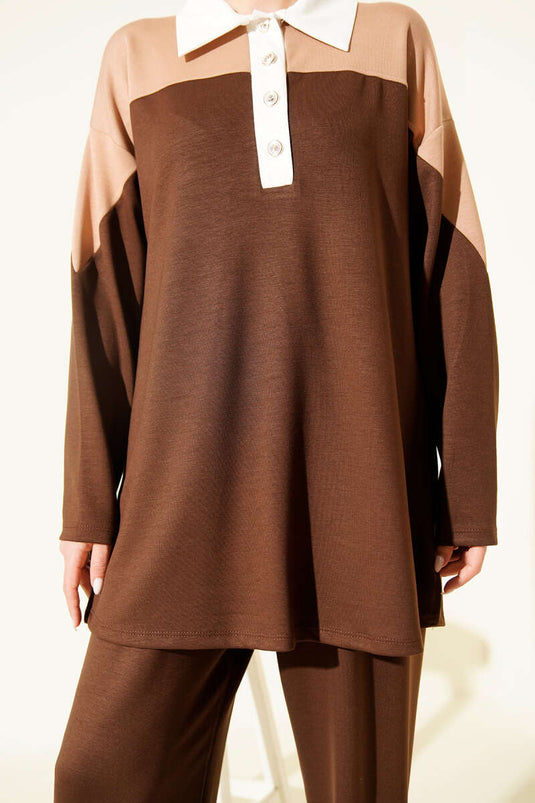 Gömlek Yaka Düğmeli Loyşa İkili Takım Kahve