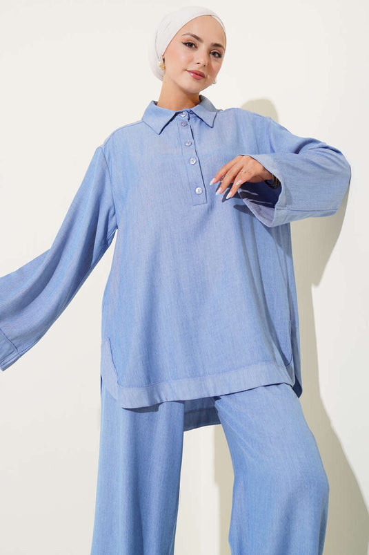 Loose-fitting two-piece set with button-down shirt collar, blue.
