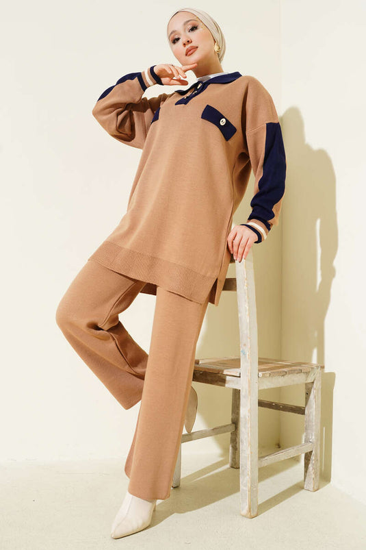 Shirt Collar Button-Down Knitwear Two Piece Set Latte