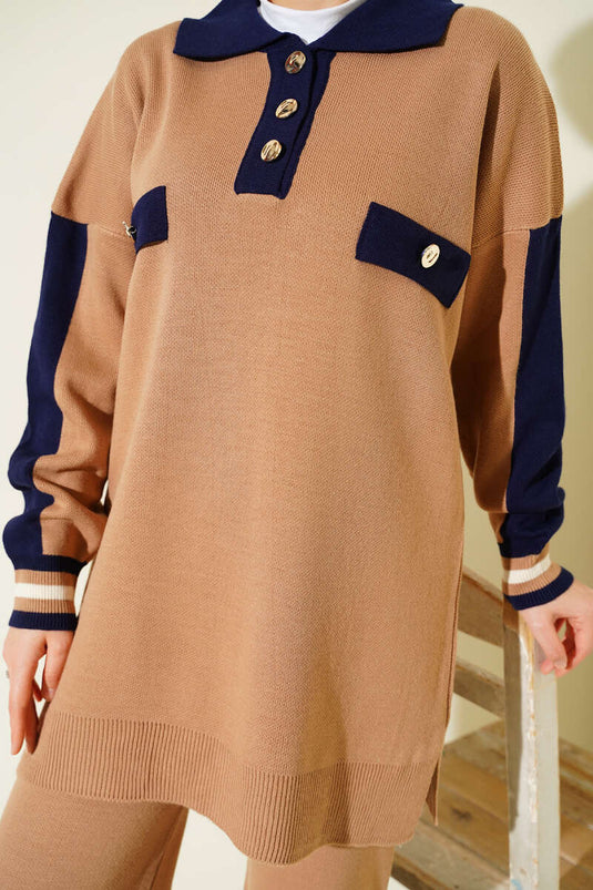 Shirt Collar Button-Down Knitwear Two Piece Set Latte