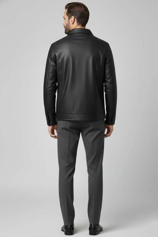 سترة جلدية رجالية بياقة قميص سوداء