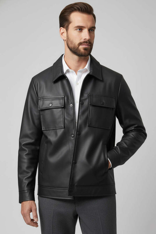 سترة جلدية رجالية بياقة قميص سوداء