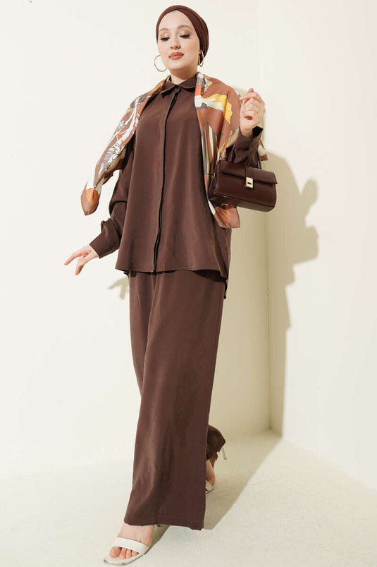Shirt Collar Scarf Detailed Two-Piece Set Brown