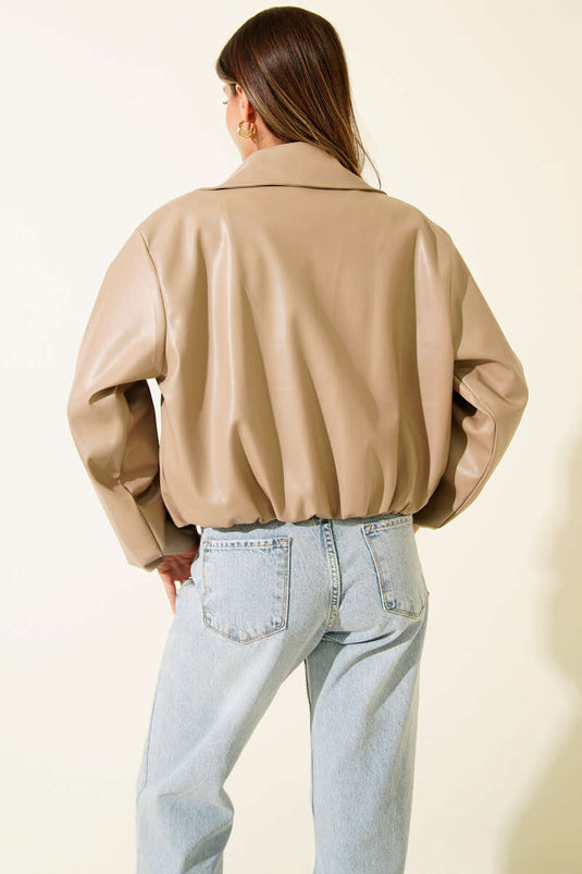 Shirt Collar Zip-Up Short Leather Jacket, Beige