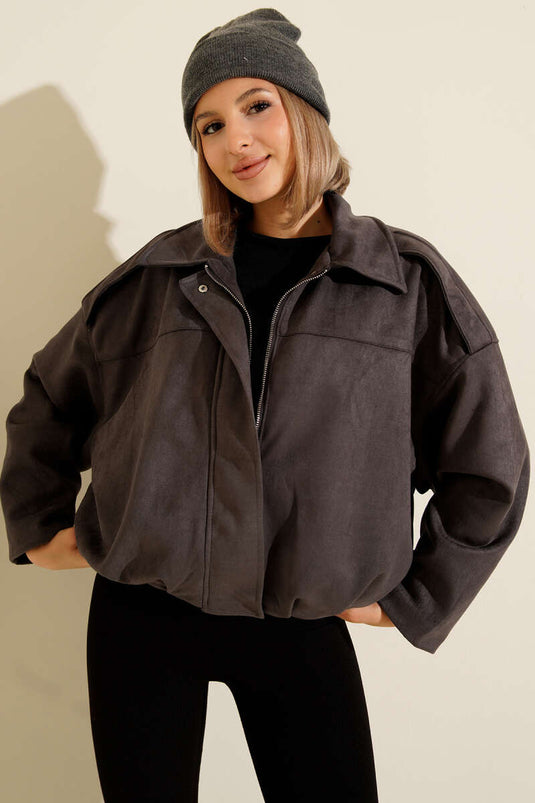 Veste en daim anthracite à col chemise et fermeture éclair