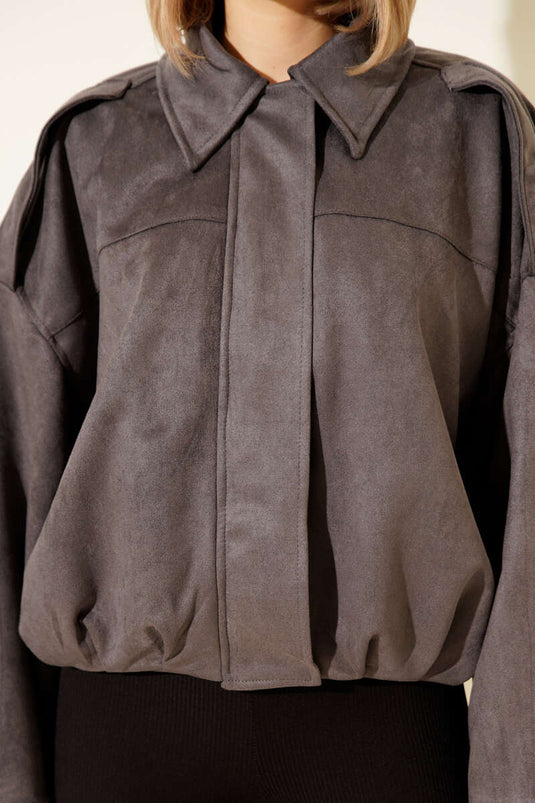 Veste en daim anthracite à col chemise et fermeture éclair