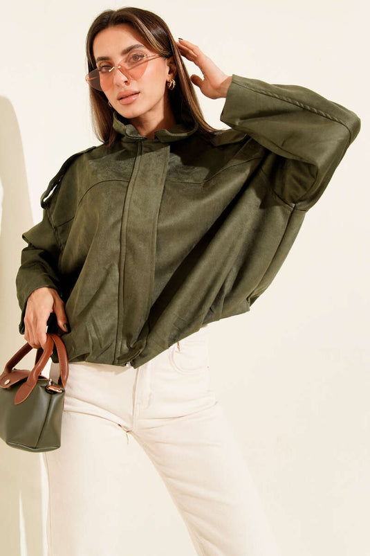 Gömlek Yaka Fermuarlı Süet Ceket Haki