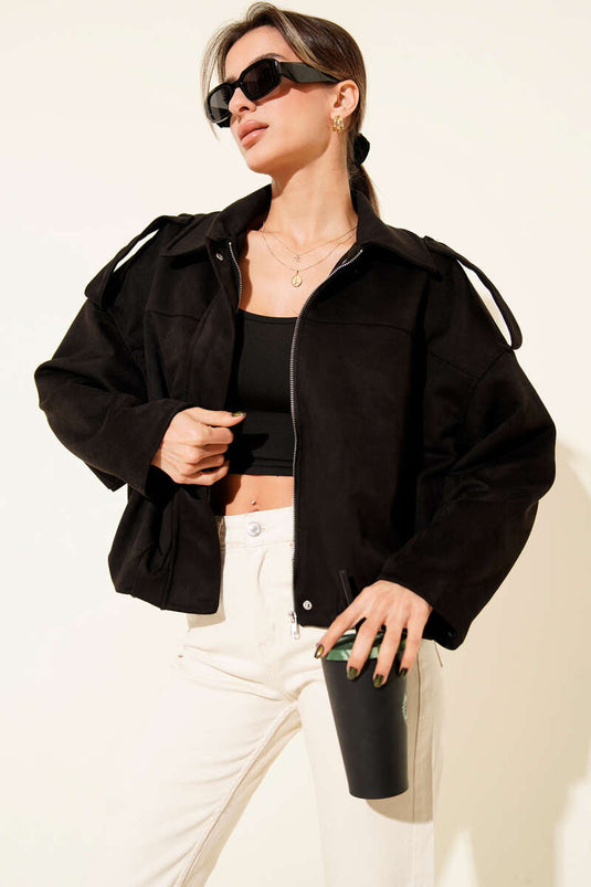 Shirt Collar Zip-Up Suede Jacket Black