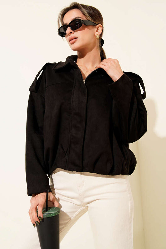 Shirt Collar Zip-Up Suede Jacket Black