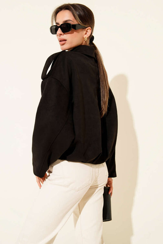 Shirt Collar Zip-Up Suede Jacket Black
