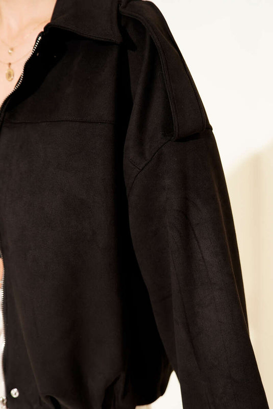 Shirt Collar Zip-Up Suede Jacket Black