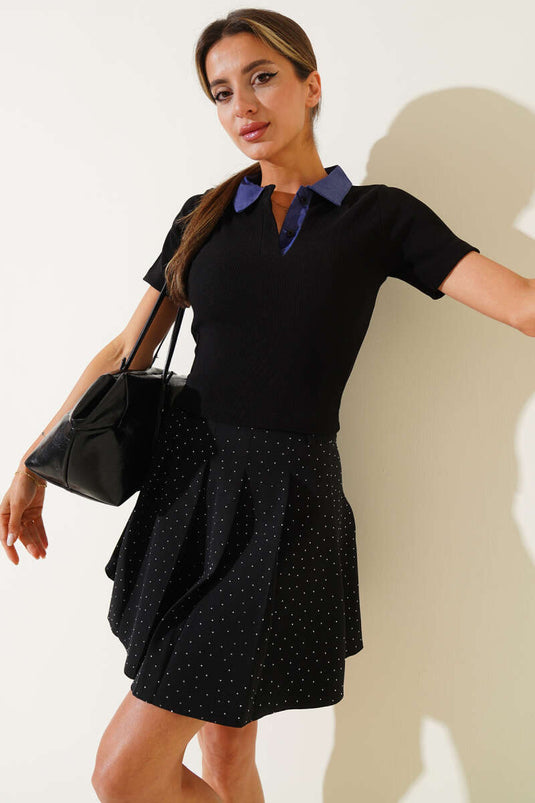 Gömlek Yaka Fitilli Bluz Siyah