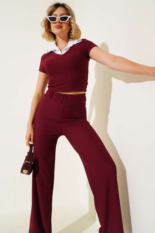 Gömlek Yaka Fitilli İkili Takım Bordo