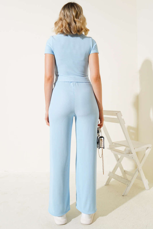 Gömlek Yaka Fitilli İkili Takım Mavi