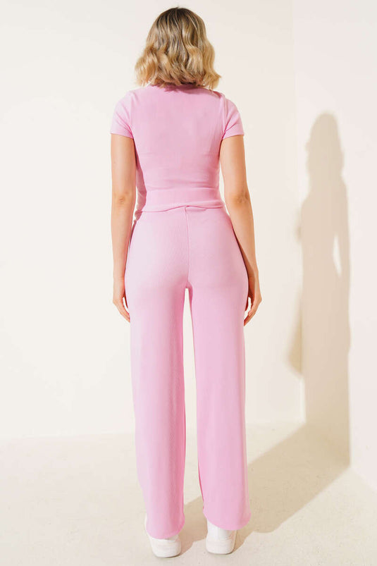 Shirt Collar Ribbed Two-Piece Set Pink